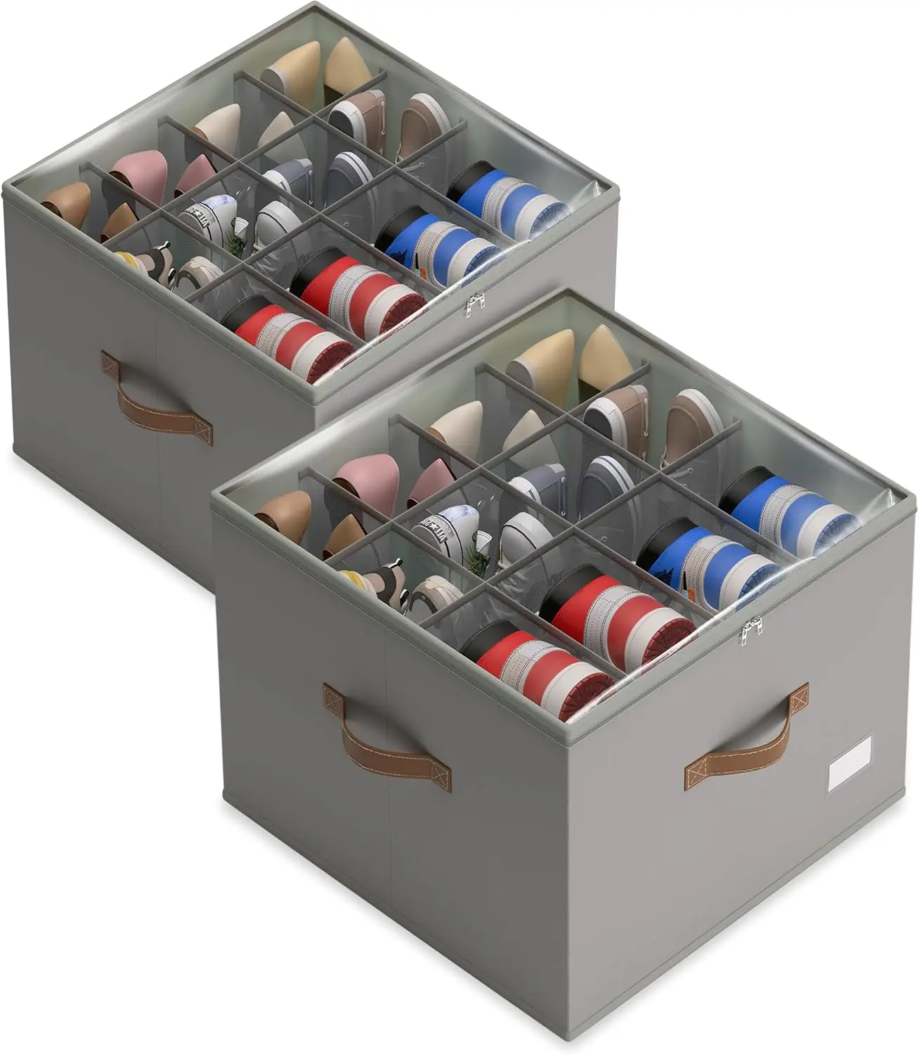 Gray Adjustable Stackable Collapsible Storage Box withClear Cover, Leather Handles, 16-Pair Compartments, Rolling3-Tier Cart Design, Magnetic Closure for Closet & Under-BedHome Organization