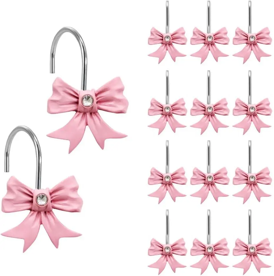 12PCS Decorative Shower Curtain Hooks, Pink Bow Knot Resin Curtain Hooks Shower Rings for Bathroom Baby Room Nursery Art Decors (Bow Knot) Home Metal