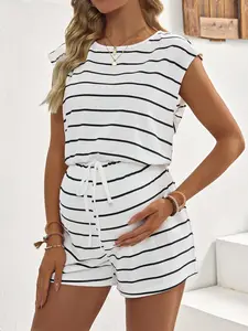 Maternity Striped Round Neck Drawstring Waist Casual Romper
