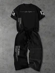 Men's Casual Loose-Fit Two-Piece Set, Short Sleeve T-Shirt & Wide-Leg Pants with Prints, Breathable Streetwear for All Seasons