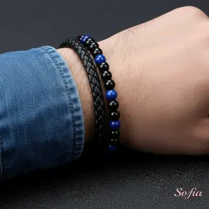 Sofia Men's Leather Braided Bracelet Natural Lapis Lazuli Obsidian Stone Anklet Boho Style Magnetic Closure Wristband 8 Inch Length