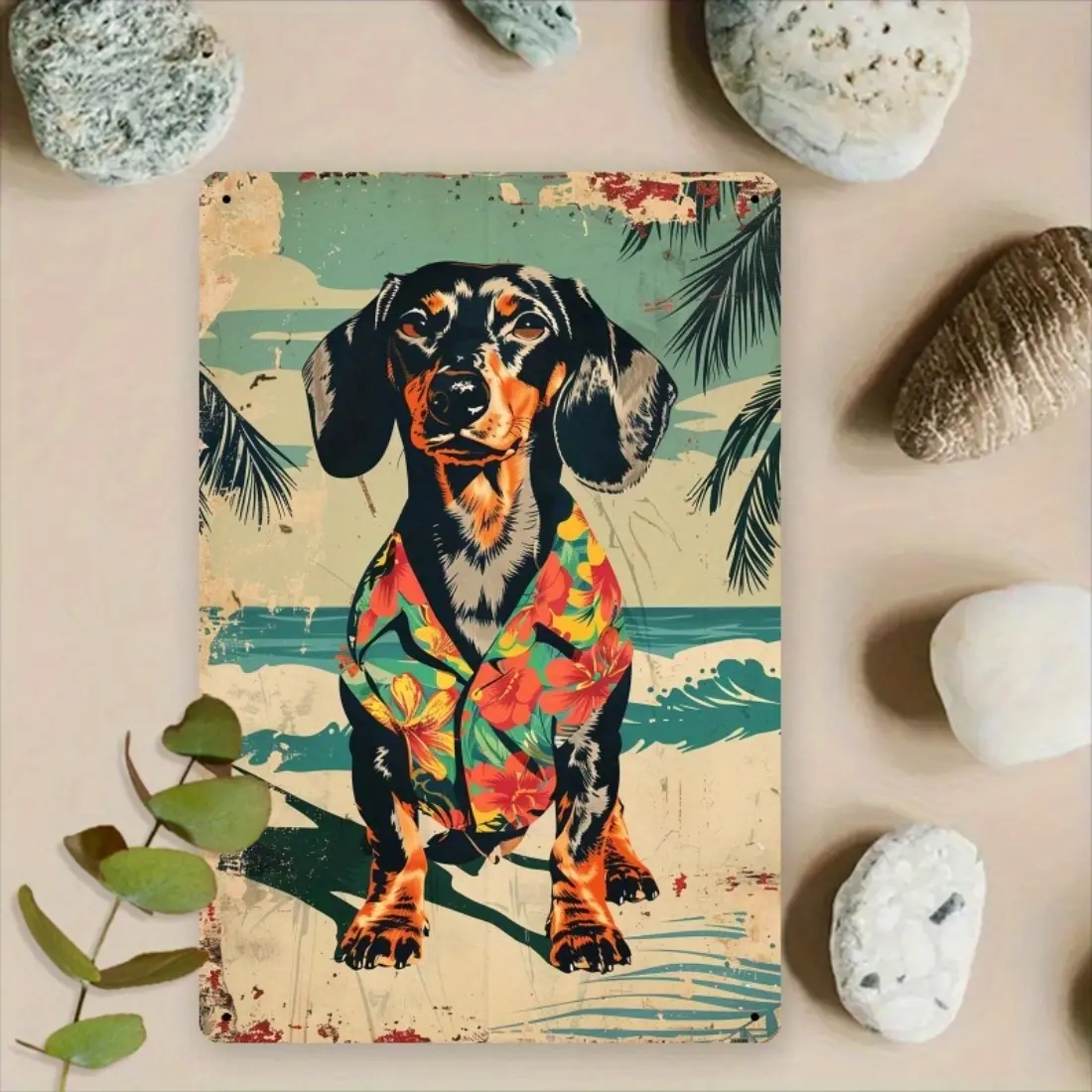 Vintage Dachshund Iron Tropical Sign in Hawaiian Shirt Decor