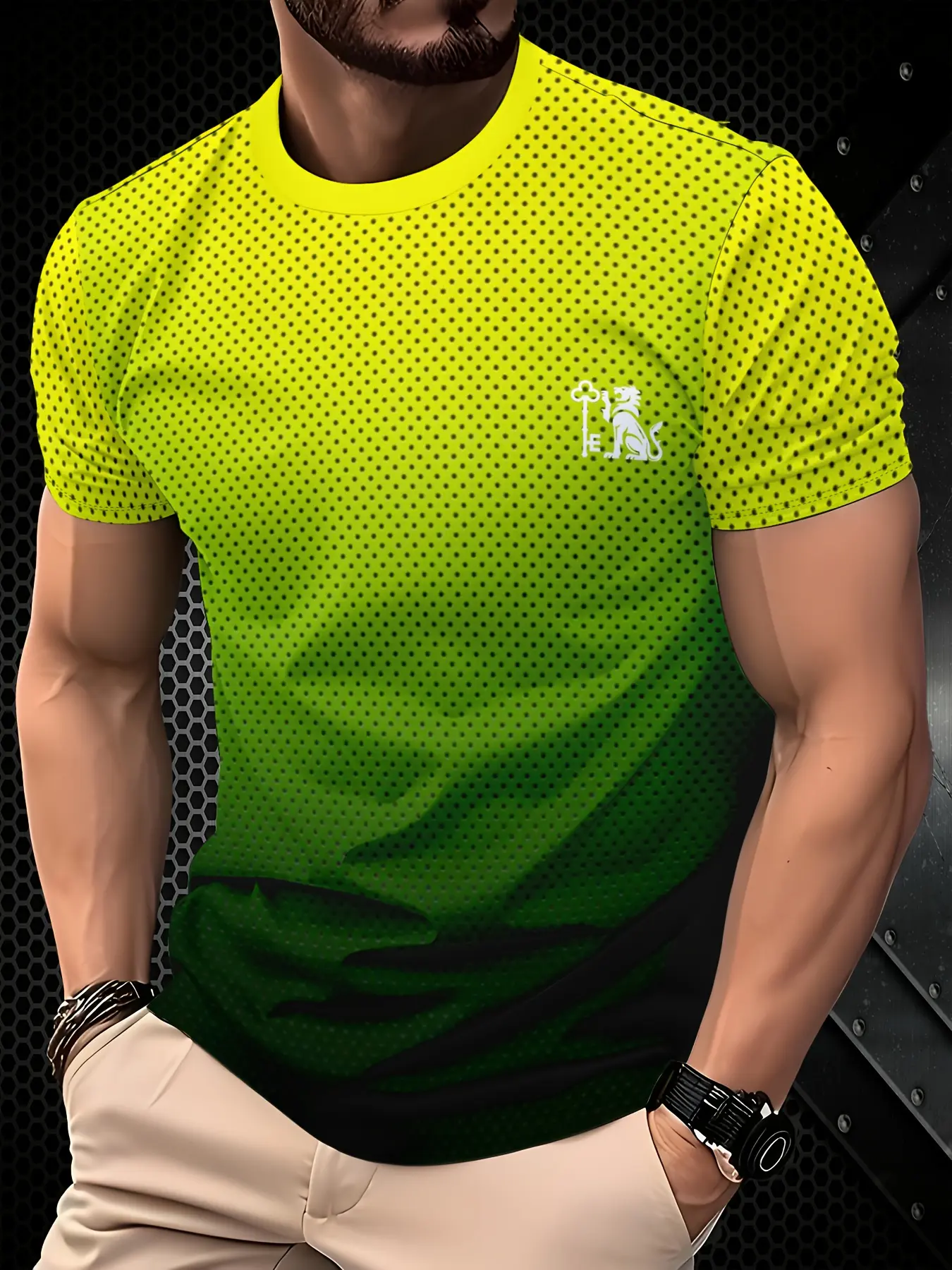 Men's Neon Green & Lime Glow-in-Dark 3D All-Over Print Recycle Polyester Blend Athletic T-Shirt - Breathable Crew Neck, Drop Shoulder Short Sleeve, Quick Dry, Regular/XXXXL Cut, Sporty Chic Unisex Clothes, All-Season Activewear for Gym,Night Out
