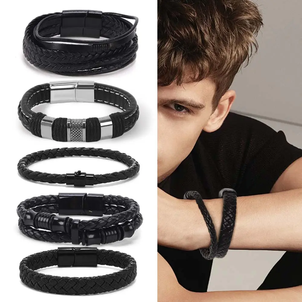 5pcs Mens Bracelet Faux Leather and Steel Braided Cuff Bracelets, Black Faux Leather Bracelets for Men Women, Suitable for Parties and Daily Wear