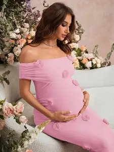 BELLAdresses Elegant Party Solid Color 3D Floral Decor Off Shoulder Maternity Dress Maternity Clothes Yellow Sleeveless High Waist Bodycon Mermaid Hem