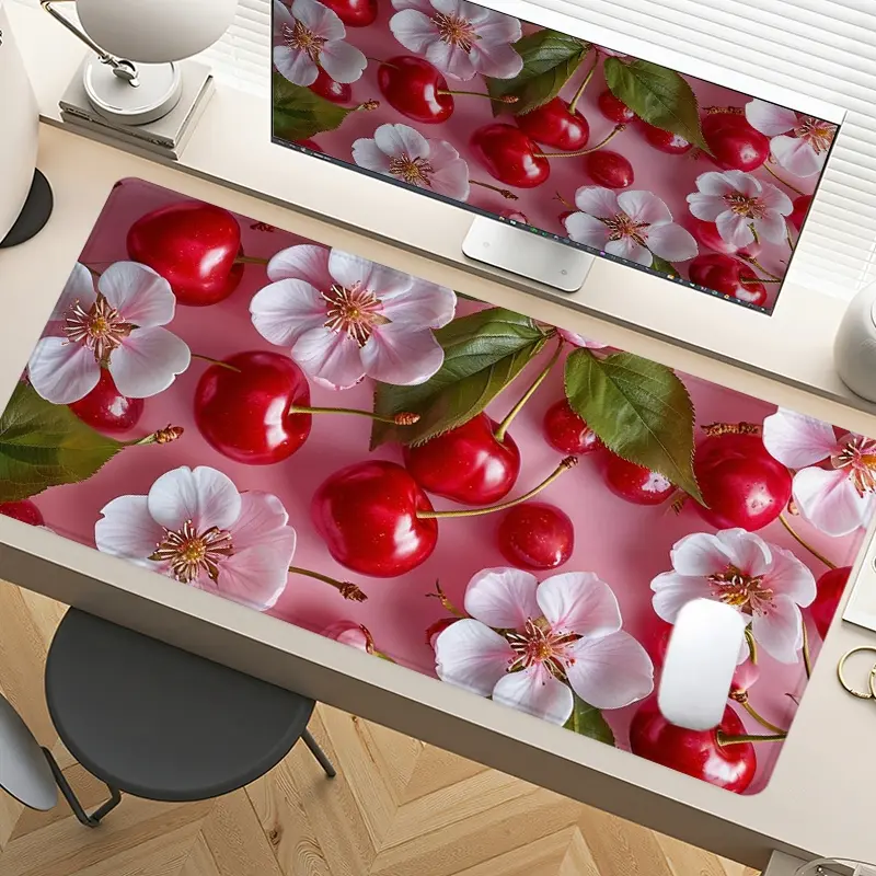 Cherry & Floral Computer Desk Mat Gaming Mouse Pad XXL Extended Mouse Pad for Laptop Large Mouse Pad for Desk with Non-Slip Rubber Base Stitched Edges Surface for PC Gamers Office Workers & Home Use Aesthetic Desk Accessories Gaming Desk Accessory