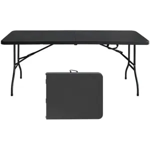 6 Ft Plastic Folding Table, Portable Fold-in-Half Table with Iron Legs, Carrying Handle, Outdoor Rectangular Fold Out Table for Dining, Picnic, Party Camping, Barbecues