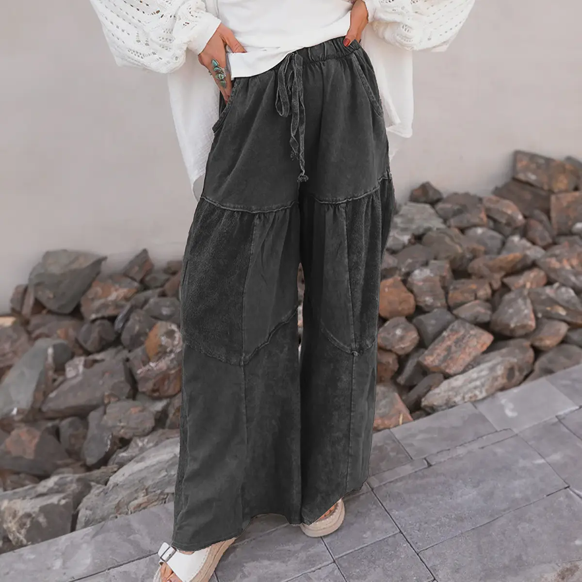 Women's Casual Hippie Pants, Comfy Oversize High Waist Denim Trousers with Boho Tiered Patchwork and Mineral Wash, Adjustable, Comfy Pants, Patchwork Pants