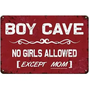 Vintage Boys Room Sign for Boys Cave No Girls Except Mom Gaming Bedroom Wall Decor