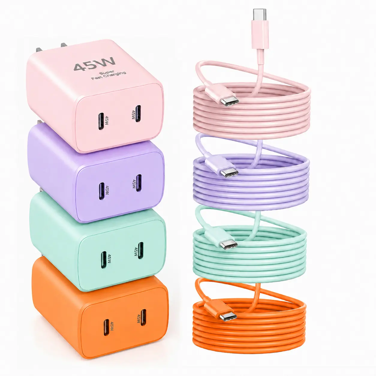 Super 45W Dual USB-C Fast ChargerSet with 10FT/3M USB-C Cable for Smartphone iPhone 17/17ProMax/17Pro/16e/16Pro/16ProMax/16/15/15Pro/15ProMax/ iPad , Samsung Galaxy S26+/S25+/S24, Pink/Purple/Green/Orange/White Charging Device Cellphone Plug Electronic Pr