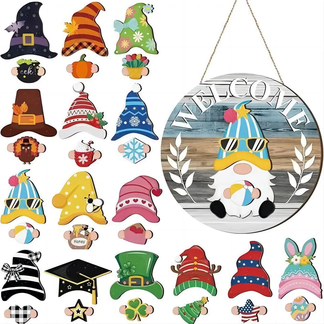 Christmas Gifts 31Pcs Interchangeable Gnome Welcome Sign for Door Decorations, Customized Door Hanger, Wooden Gnome Sign with Magnet Detachable Hats and Hands, Hanging Loop for Christmas, Home Decor Ornament, Little Gnomes Ornaments