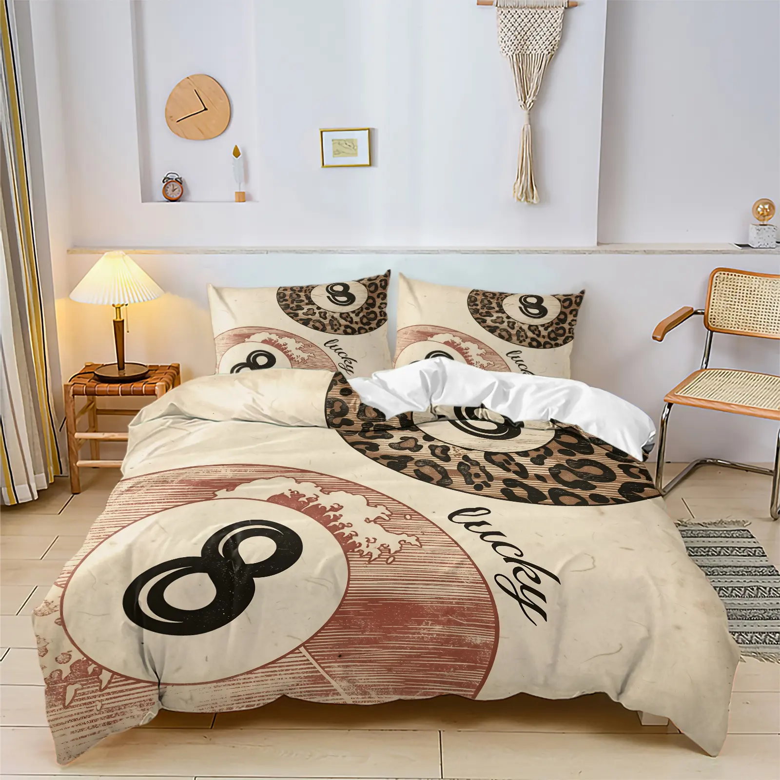Vintage Japanese Style Leopard & 8 Ball Print Duvet Cover Set, Cozy Bedding Set, Includes 1 or 2 Pillowcases, Unique Ukiyo-e, Soft Skin-friendly, Retro Texture Print, Perfect Must-Have For Bedroom Makeover