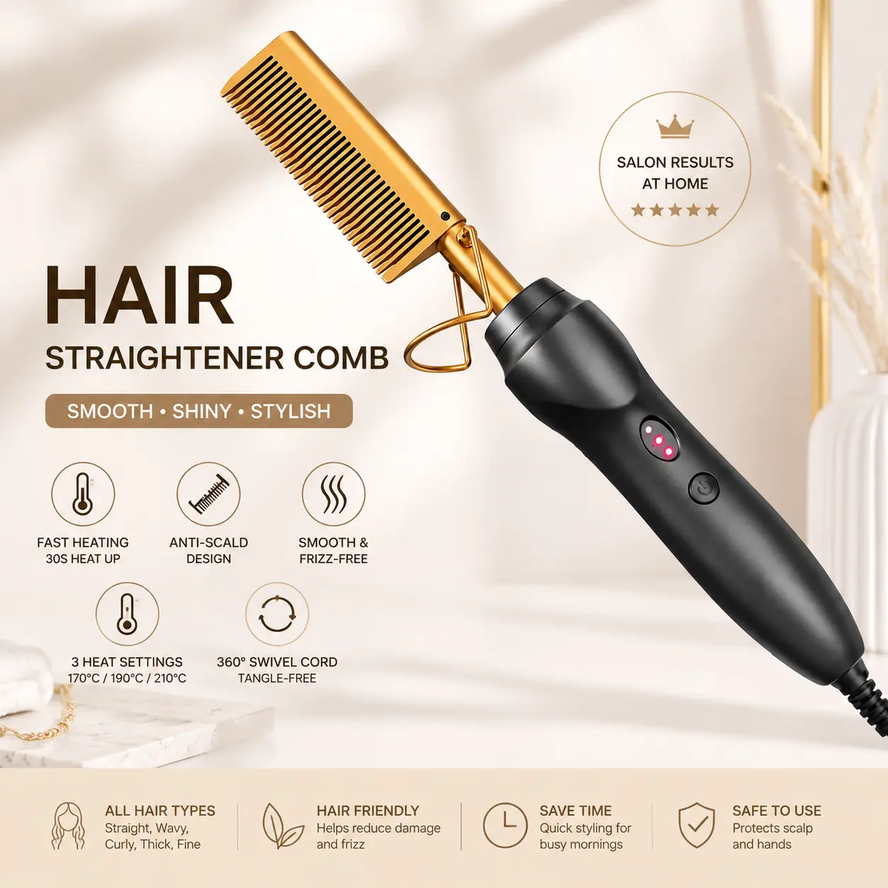 Electric Hot Comb for Flawless, Silky Straight Hair - Fast-Heating Hair Tools with 3 Heat Settings, 5-Piece Kit for Natural Textures & Wigs, Curly Hair