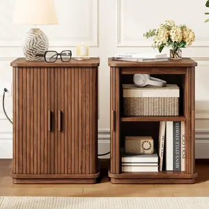 【Sliding Door Design】ONBRILL Square End Table with Storage & Charging Station, Fluted Accent Side Table with Sliding Door & Sturdy Pedestal, Mid-Century Modern Nightstand for Small Space, Living Room Furniture