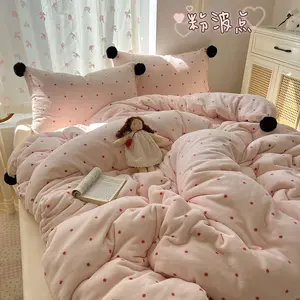 3-Piece Plush Soft Winter Bedding Set, Soft Bedding Sets, Decorative Bedding Set, Pink/Blue Polka Dot Design, Single Double Queen Sizes, Cute Sweet Style for Girls Room Decor can be used as Blanket  Christmas Gifts