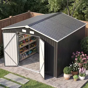 Aoxun Galvanized Steel Outdoor Storage Shed, 10'×8' Gable Roof Metal Tool Shed with Lockable Double Doors, Black for Backyard, Patio