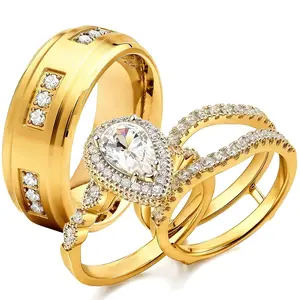 VOWSERING 1CT Pear CZ Wedding Ring Set for Women & Men Yellow Gold Plated Bridal Couple Rings Tungsten Ring Wedding Band Hypoallergenic Finish