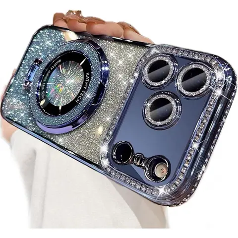 MagSafe Snap-On Silicone Phone Case for iPhone 17-12 Pro Max/Plus, Shiny Bling Glitter Diamond Rhinestone Magnetic Stand, Camera Lens Kit & Screen Protector, Lanyard-Included Games-Friendly Accessory for Women, Wireless Charge Ok, iPhone Series Compatible