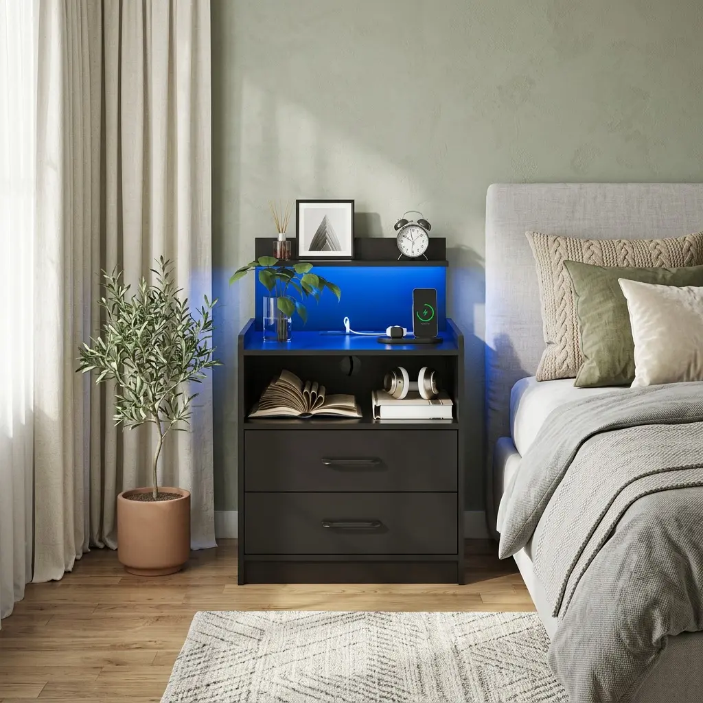 Modern Black LED Floor-Standing Bedroom Nightstand - RGB LED Lights, Button Control, 2 Plug Outlets, 2 USB Ports (Charging Station), 5 Storage Spaces, 15.7"x17.7"x28.7" High-Quality MDF, Easy Setup, Small Space Indoor Furniture Side Table Cabinet, Bedroom