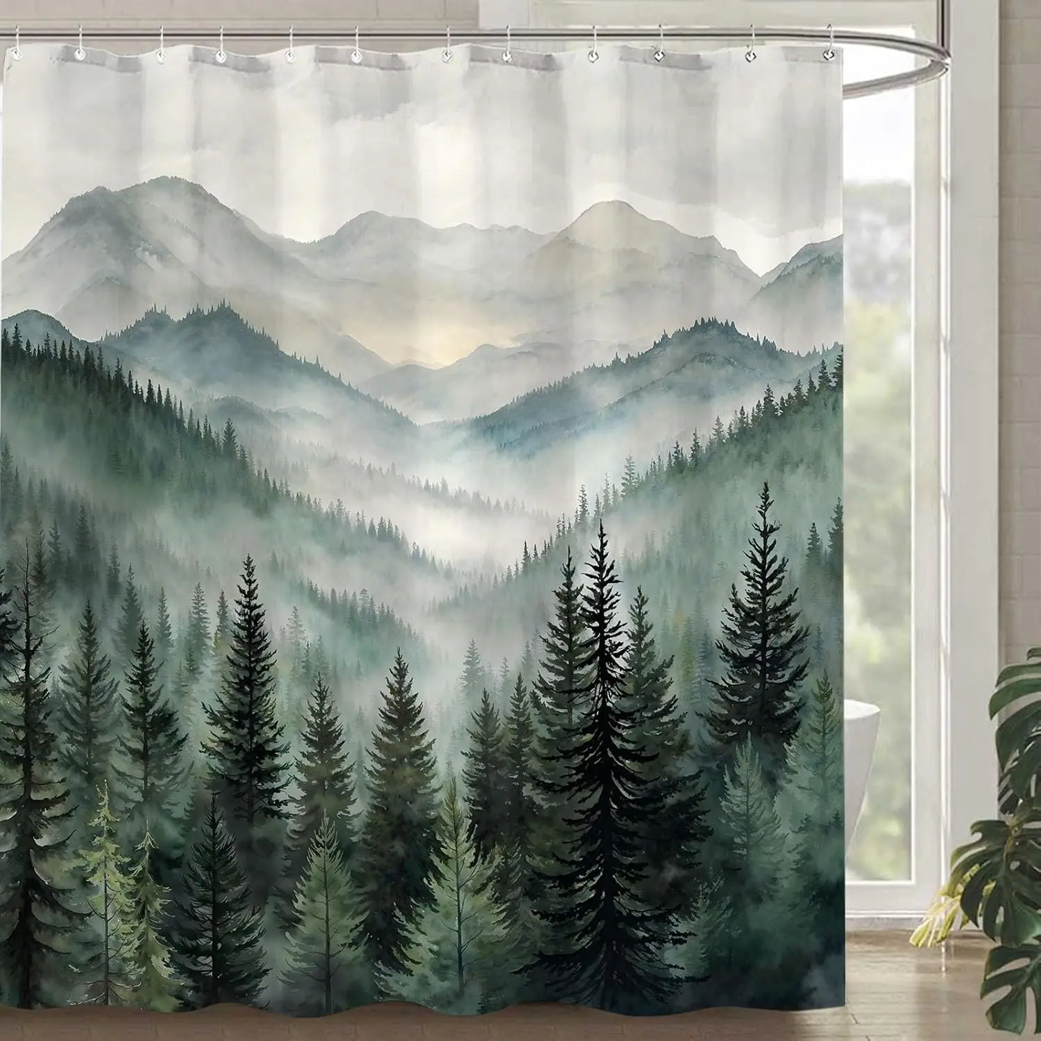 Dark Green Rustic Forest Mountain Shower Curtain, Polyester Waterproof Fabric Bath Curtain with Misty Pine Tree Design for Woodland Bathroom Decor