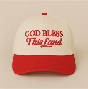 God Bless This Land Hat Puff Embroidered USA Cap, Natural Cotton Trucker Baseball Cap Gif