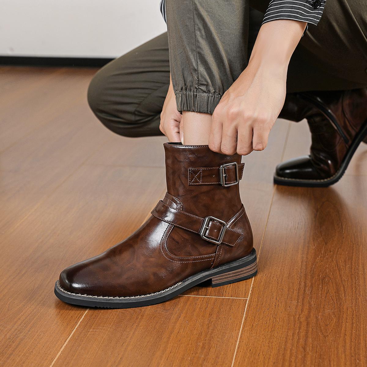 CYUW Men’s Retro Buckle Ankle Boots, Side Zipper Chelsea Boots, Everyday Casual Low-Heeled Dress Boots (Black/Brown)