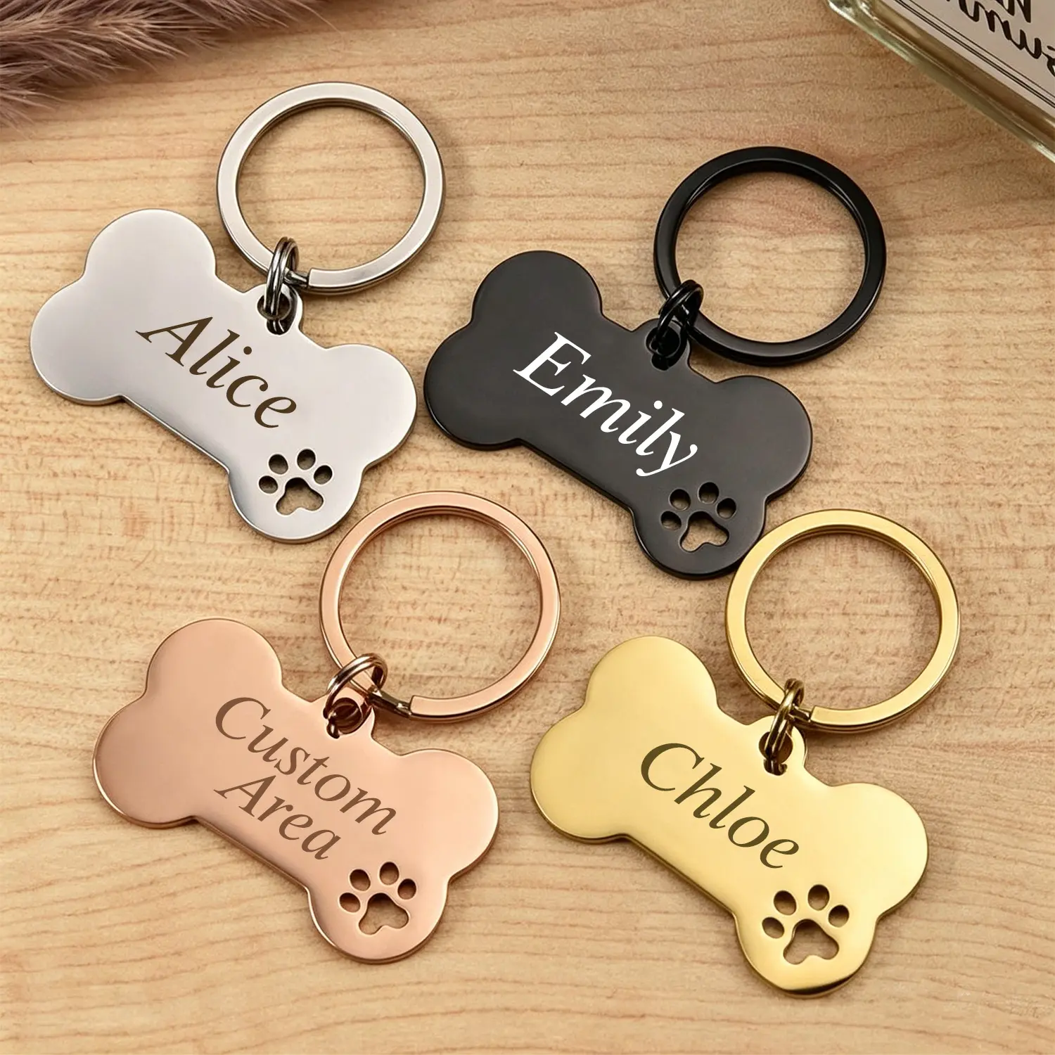 custom Bone-Shaped Pet Name Keychain with Paw Print, Custom Engraved Stainless Steel Key Ring, Cute Dog and Cat Lover Gift, Pet Memorial or Everyday Keepsake