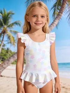 Summer Limited Edition! Girls' Macaron Star Print Ruffle One-Piece Swimsuit—quick-drying, soft against the skin, and comfortable to wear. A dreamy, fresh style that moms can buy with confidence