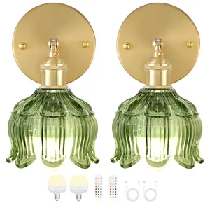 Vintage Battery Operated Wall Sconce with Remote Control,Wall Lamp with Flower lampshade,Rechargeable Battery Powered Wall Lights with 15 Colors for Beside Bedroom Living Room Doorway,Set of 2