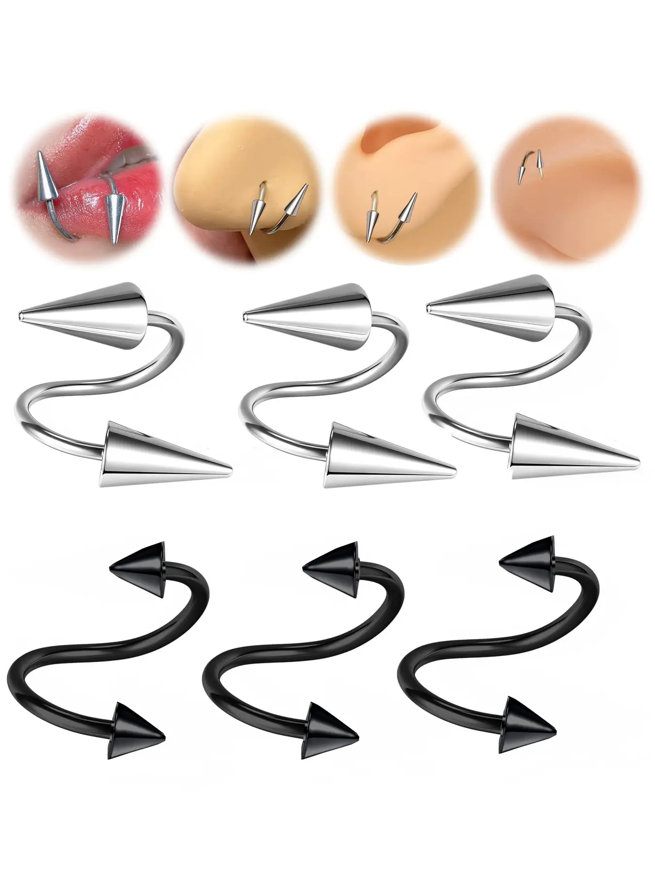6Pcs Spike Spiral Lip Rings Stainless Steel 16G S Shape Lip Piercing Labret Piercing Jewelry, Smiley Piercing Jewelry, Cartilage Earrings Helix Piercing, 8mm 10mm Body Piercings Set
