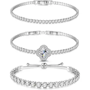 CASSIECA 3pc Silver Tennis Bracelets for Womens Silver Bracelet Crystal Cubic Zirconia Bracelet Sparkle Bracelets Friendship for Gifts Jewellery Christmas Birthday