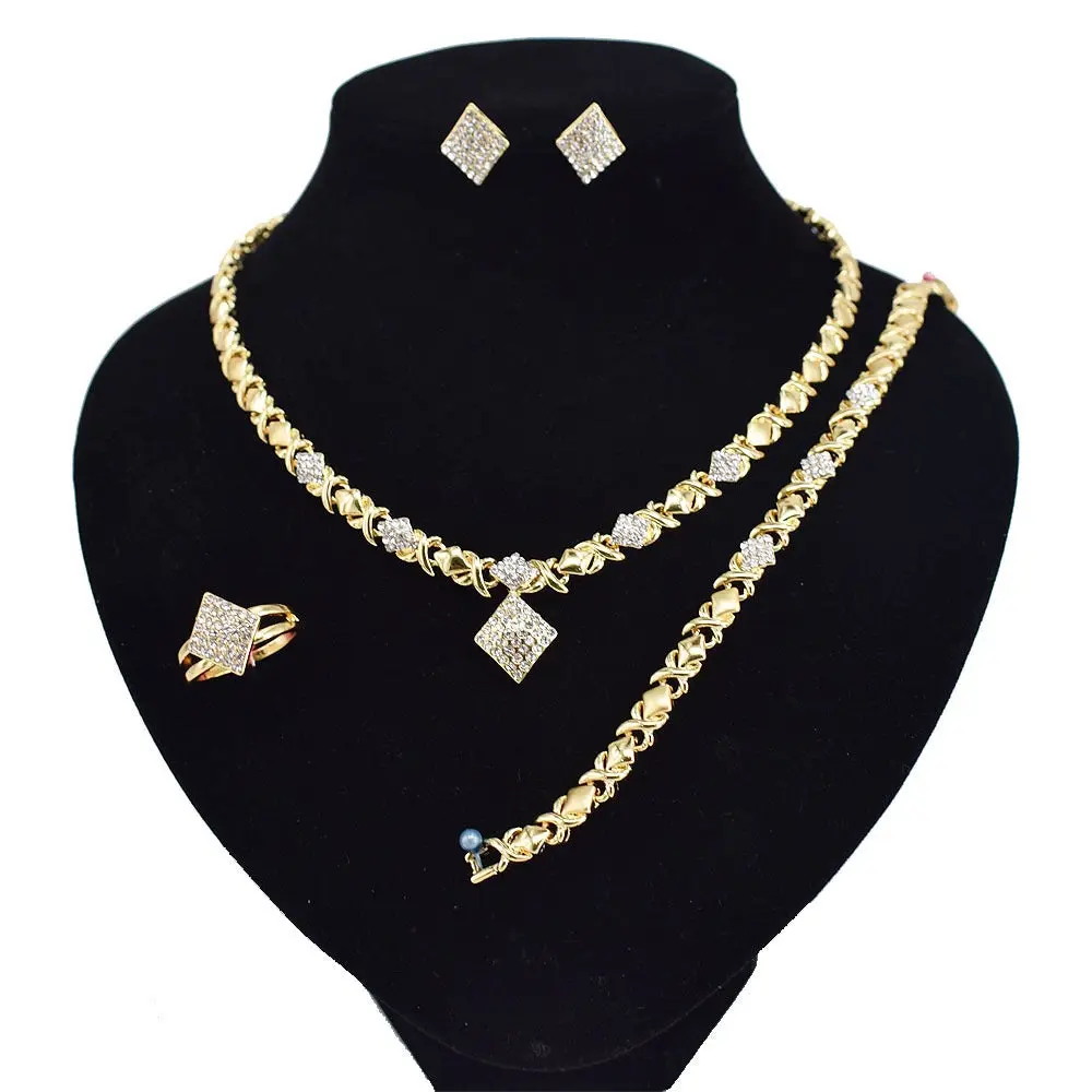HUGS & KISSES Glamour Gold Jewelry Set - 7.5in Iced-Cut Gold-Plated Diamond Pendant Necklaces, Standard Size Matching Pieces #9, Glamour Set, Standard Sizes, Complements Necklace And Bracelet, 7.5 Inches, Elegant, Choking Hazard Small Parts, Matching Set,