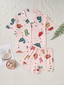 Women's Dinosaur Print Short Sleeve Top & Elastic Waist Shorts Pajama Set, Casual Comfy Shirt & Shorts Loungewear Set, Ladies Sleepwear for Summer, Casual Pajamas Outfit, Loose Fit Sleepwear