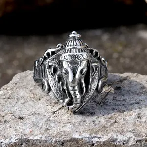 GTHIC Auspicious Elephant Stainless Steel Animal Ring for Men Daily Wear Thumb Ring Fashion Accessory