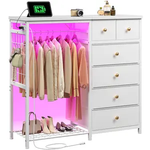 Raybee 49.2"-51.2" White Dresser for Bedroom with Hanging Rack, 6-10 Drawer LED Dresser with Charging Station, Modern Fabric Chest of Drawers with Wooden Top & Grid Panel, Premium Closet Storage Organizer