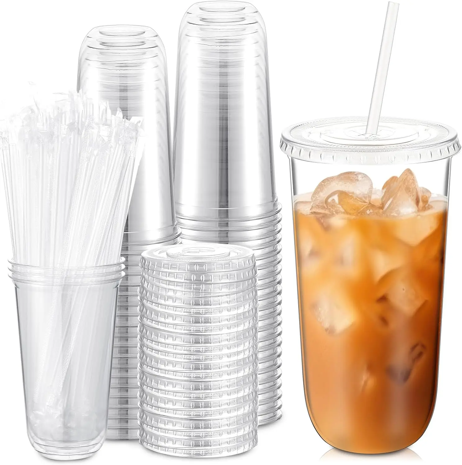 50-Set 24oz Transparent Plain Disposable Plastic With Lid Cups, Leakproof Round-Bottom To-Go Cold Drink Cups With Straws For Cafes, Parties (Home & Festive Disposable Tableware)