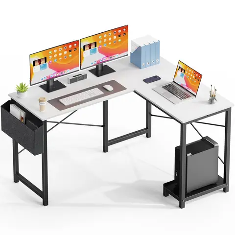 Modern L-Shaped Computer Desk - 30in Extendable Esports Gaming Table, Standard-Height Iron Leg Frame, Spacious Surface, Multiple Finishes (Black+Iron, Brown+Iron, Gray+Iron, Maple, White), Assembly Required for Indoor Space Furniture