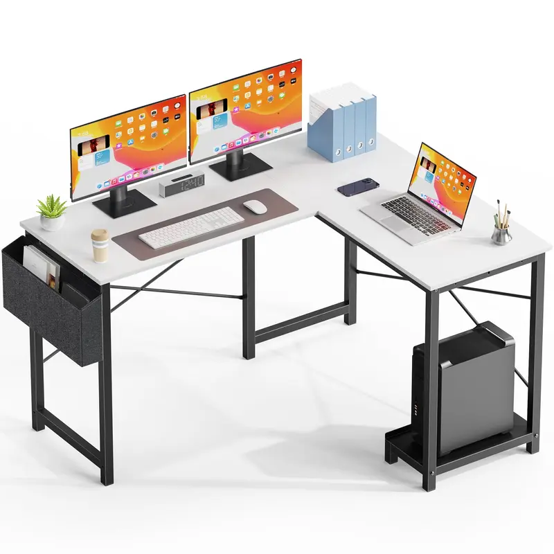 Modern L-Shaped Computer Desk - 30in Extendable Esports Gaming Table, Standard-Height Iron Leg Frame, Spacious Surface, Multiple Finishes (Black+Iron, Brown+Iron, Gray+Iron, Maple, White), Assembly Required for Indoor Space Furniture