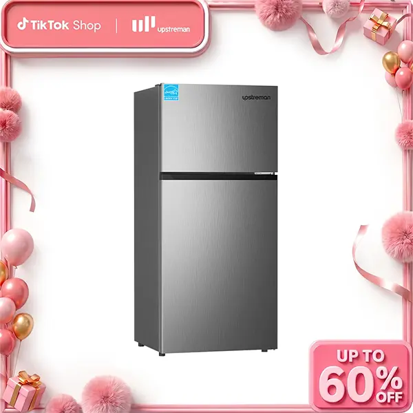 Upstreman 17.6 Cu.Ft Top Freezer Full-Sized Standard Refrigerator - Double-Compartment Fridge-Freezer, Energy Saver ENERGY STAR Frost Free, Adjustable Thermostat, Fingerprint Resistant Stainless Steel, Reversible Door, BD176 Garage Fridge, Double-Compartm