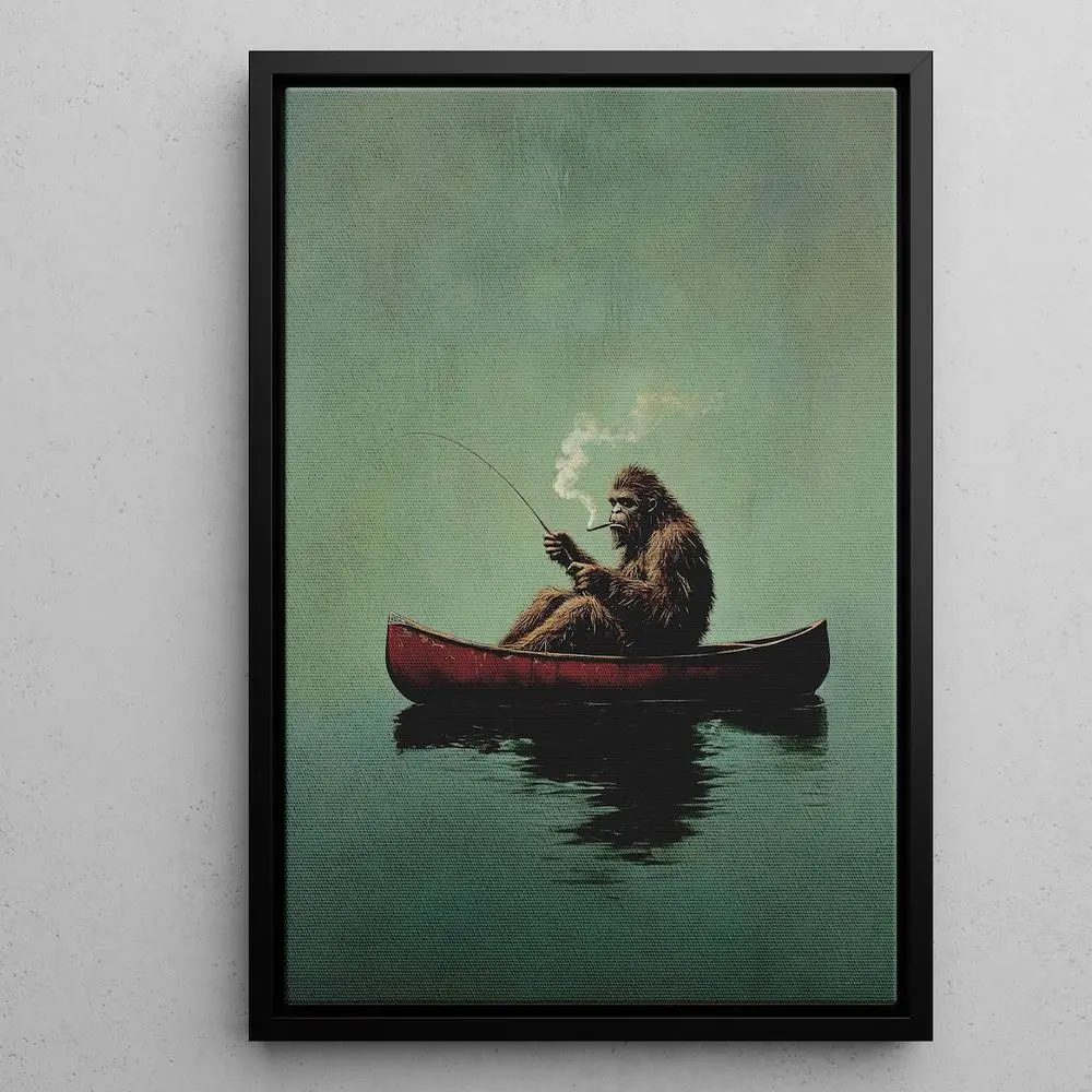Funny Bigfoot Fishing in Red Canoe Canvas Poster, Vintage Style Sasquatch Art Print, Humorous Cabin Wall Decor, Unframed, Decoration, Gift