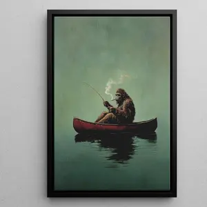 Bigfoot Fishing in Canoe Canvas Wall Art, Unframed Funny Sasquatch Print, Retro Lake Life Poster for Cabin & Living Room Decor Vintage Wall Art Western Wall Art
