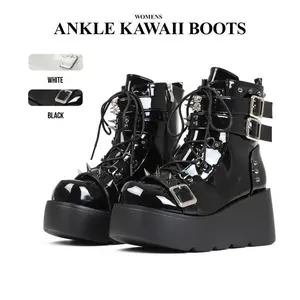 Platform Ankle boots for Women Goth Rave Boots Studded Buckle Kawaii Shoes Platform High Heel Round Toe Side Zipper Wedges Combat Mid Calf  Winter Booties for Party Gothic Evening Concert Dress Shoes