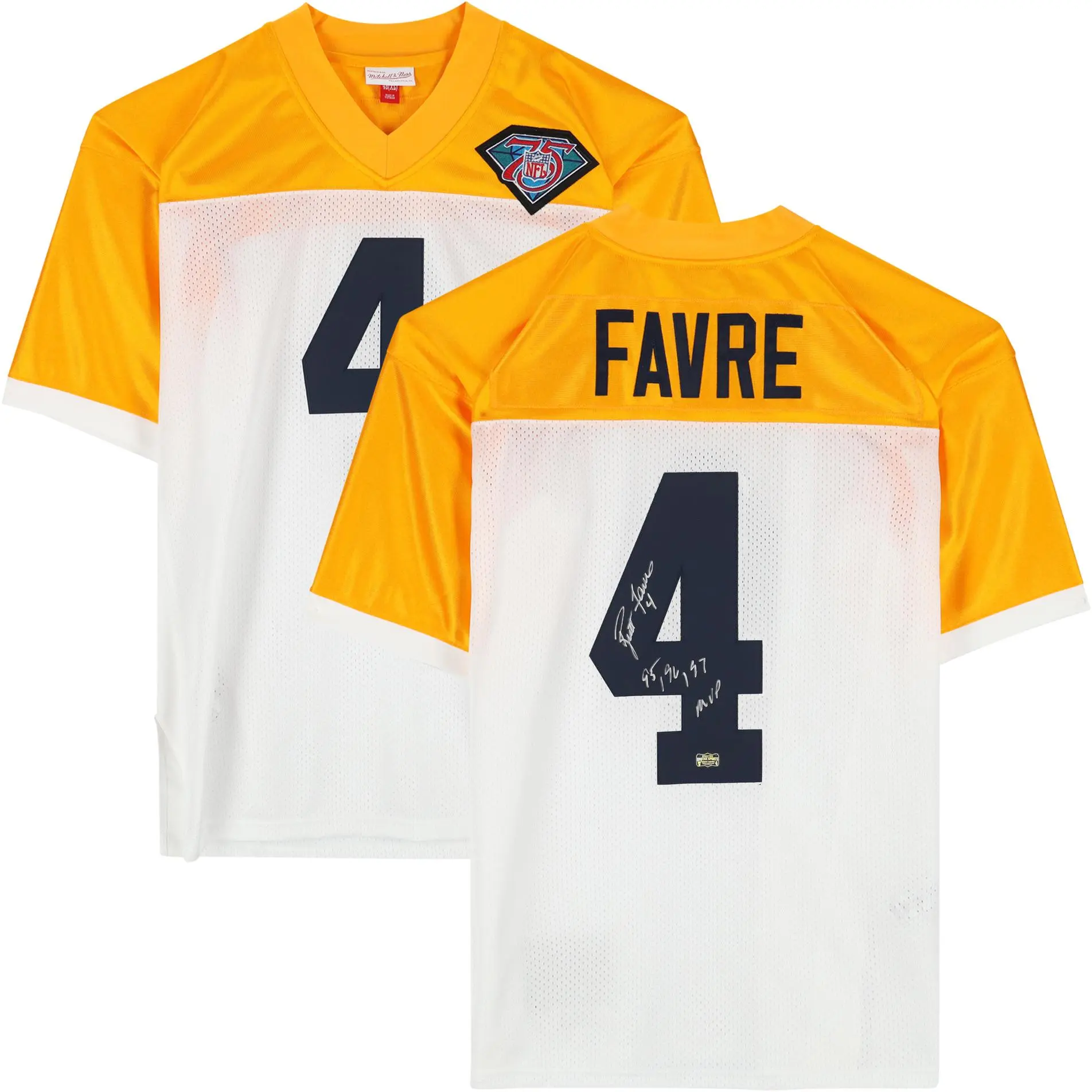 Brett Favre Green Bay Packers Autographed Mitchell and Ness 1994 White Yellow Legacy Jersey with "95, 96, 97 NFL MVP" Inscription - Fanatics Authentic Certified