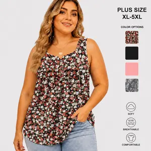 [ROSRISS] Women's Plus Size V-Neck Sleeveless Henley Tank Tops - Summer Cute Buttons-Up Loose-Fit Pleated Flowy Tunics, RPS2071, Summervibes, Outdoor Fun clothes outdoorfun