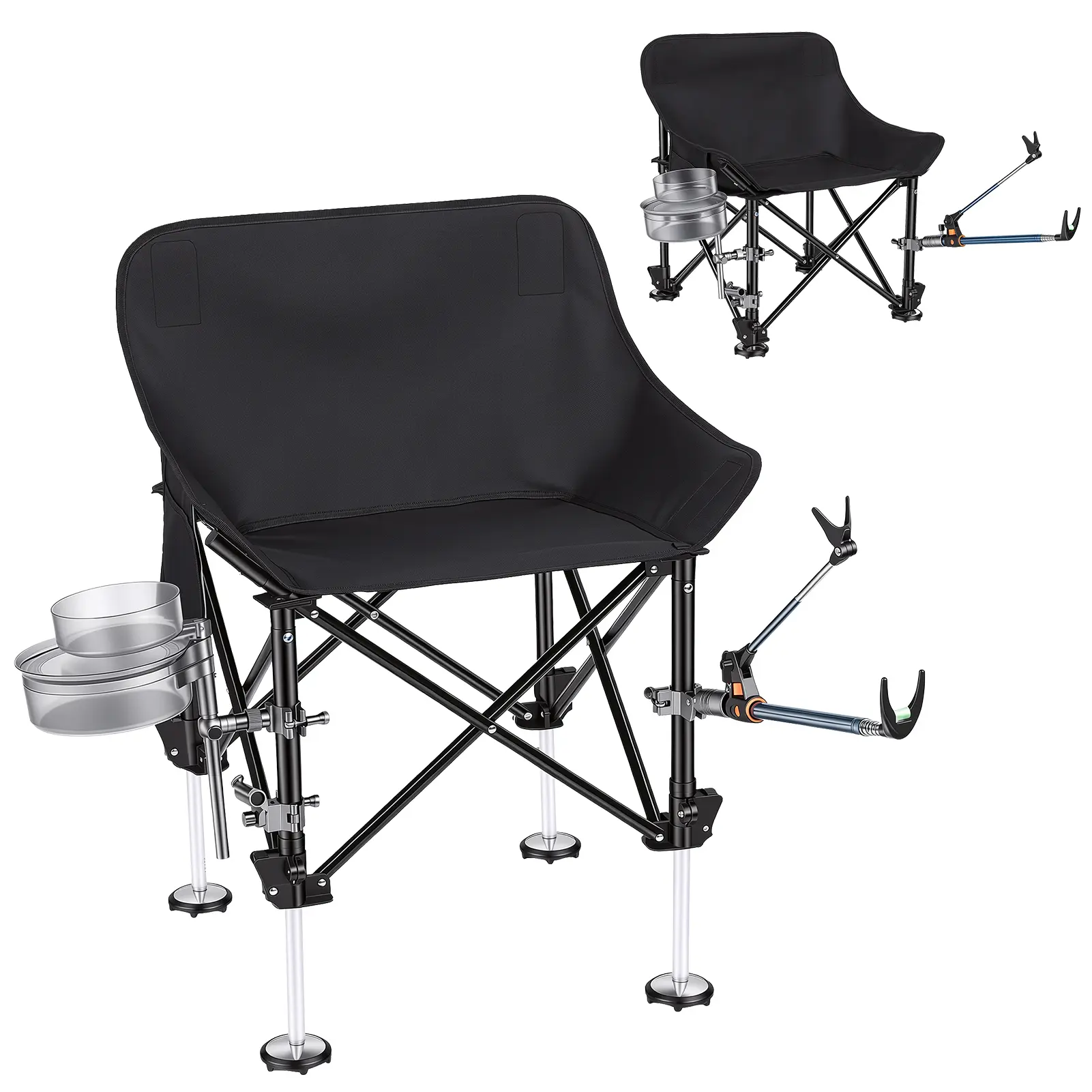 Folding Fishing Chair with Rod Holder All-Terrain Camping Chair for Outdoor Picnic Includes Storage Bag & Bait Tray Supports 220 lbs Adjustable Height Fishing Seat with Non-Slip Feet