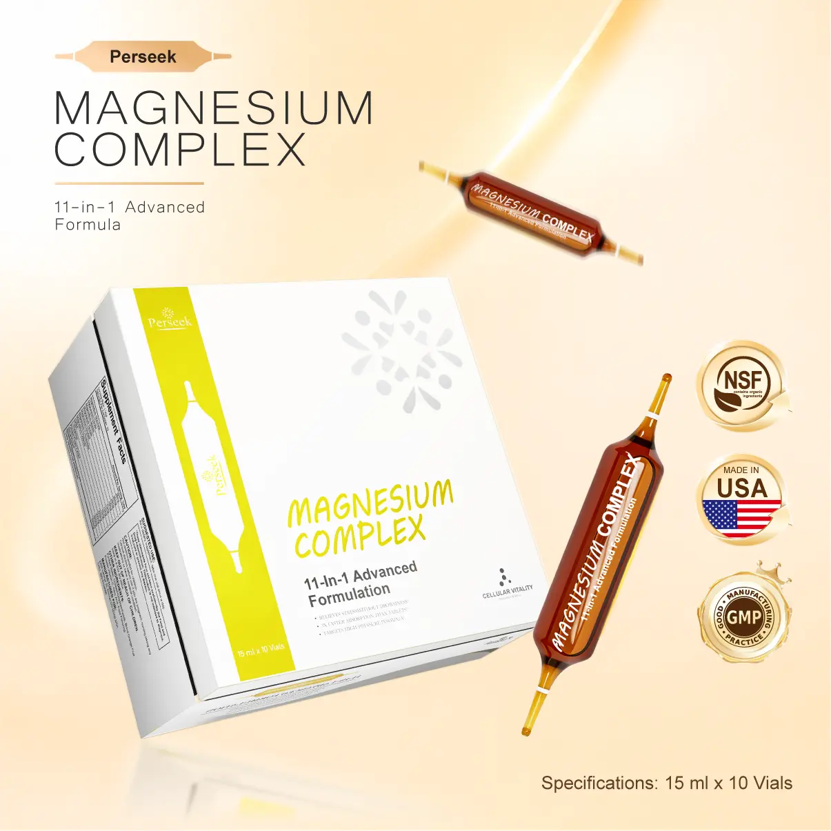 PERSEEK Edible Magnesium Glycinate Liquid Drops Supplement - 10 Vials Set, 1-Month Supply, 15mL Each, for Adults, Sugar-Free, Fast-Absorb, Stress Relief, Non-Drowsy, Prop 65 Safe