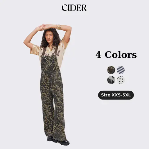 Cider Women's Oversized Leopard Buckle Stretch Denim Wide Leg Full Body Jumpsuit - Plus Size Women's Clothing, Flattering Overalls, Casual Workwear, Adjustable Straps, Adjustable Waist, Pocket-Ready Side Pockets, Flexible Fit