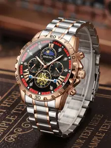 A men's new model with diamond accents, retro Roman numeral hour markers, three-eye design featuring day/night and celestial motifs, large Arabic numerals, multifunctional luminous and water-resistant quartz watch