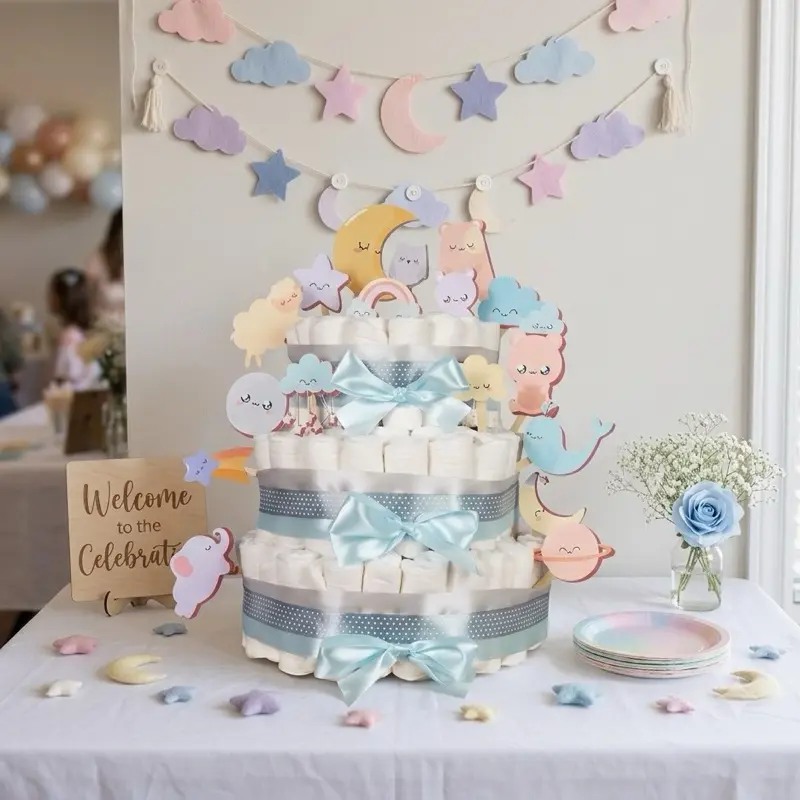 Goodnight 3-Tier Make-Your-Own Kit - Gender Neutral Size 2 Diapers, Reusable Wood Base, Diaper Cake Ideas Toppers, Polka Dots, Bows, Moon Stars, All Seasons Baby Shower Centerpiece & Festive Party Gift