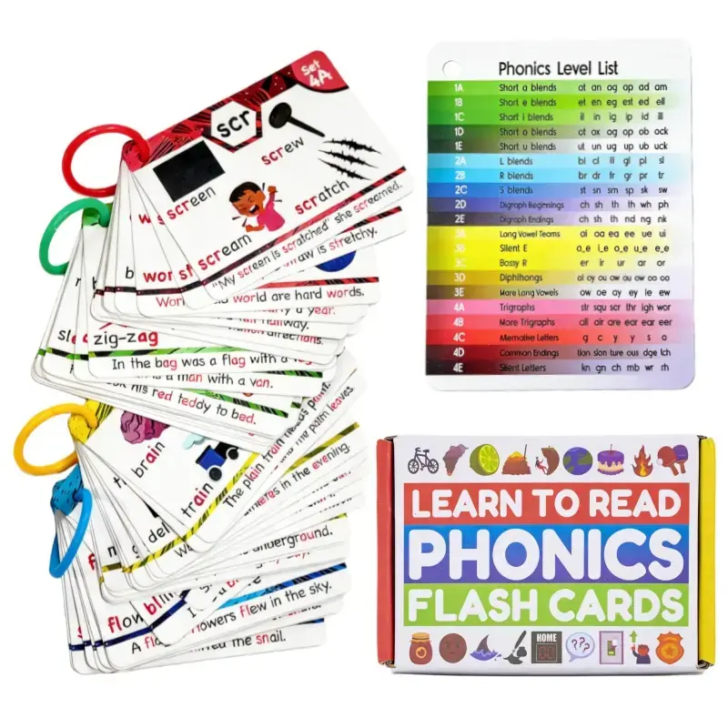 Phonics Flash Cards ,Learn to Read in 20 Phonic Stages Education for Kids Color Coded Level System Vocabulary Flashcards